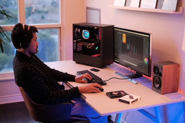 man playing at computer